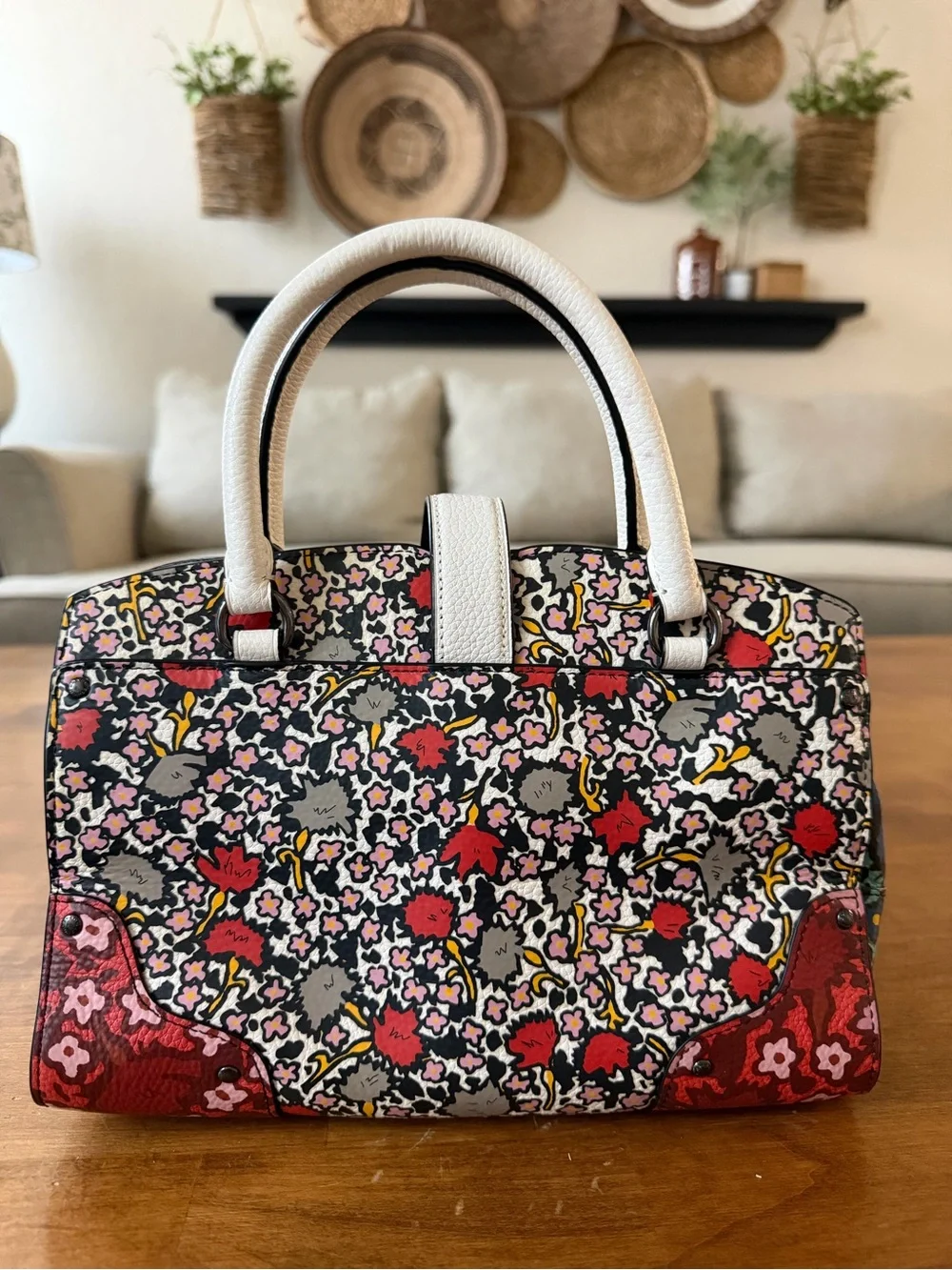 Coach Floral Print Satchel in Multi with White Handles
